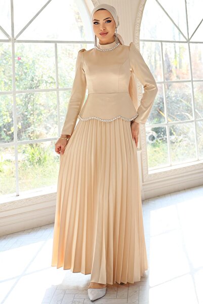 Olcay Stone and Pearl Detailed Pleated Satin Hijab Evening Dress Beige 1682