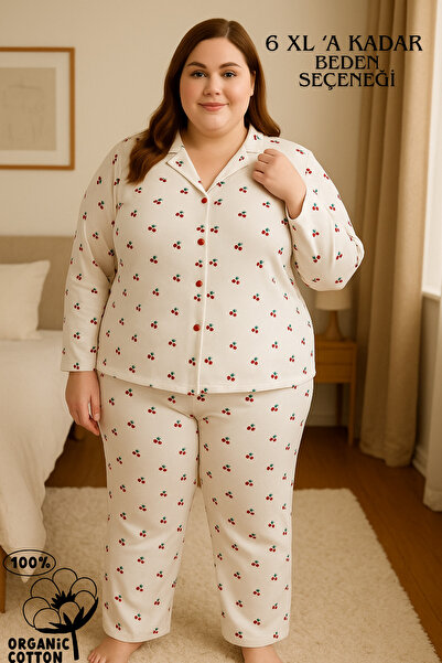 PJ & Me Organik Bambu Büyük Beden Mini Kiraz Desenli Kadın Pijama Takımı