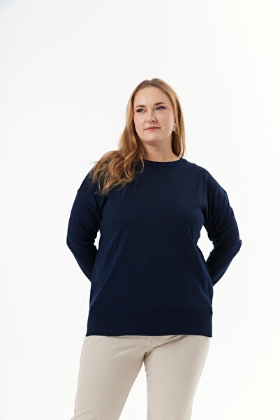 RMG Plus Size Crew Neck Knitwear Sweater Navy Blue