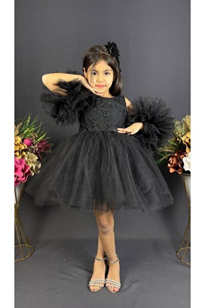 renkli diyar Girls' Dress with Pompom Tulle with Buckle for Wedding and Graduation