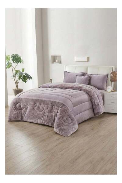 Moon طقم غطاء سرير شتوي مزدوج الجوانب (مخمل × فرو) مكون من 4 قطع لسرير مقاس 120×200 سم