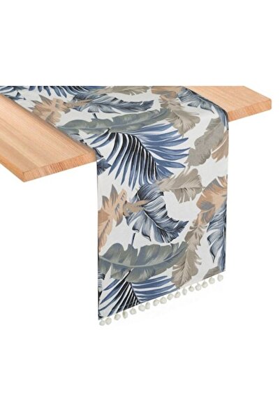 AB HOMES Decorative Table Runner - Summer Tropical Leaves with White Pompon, 160x31 cm