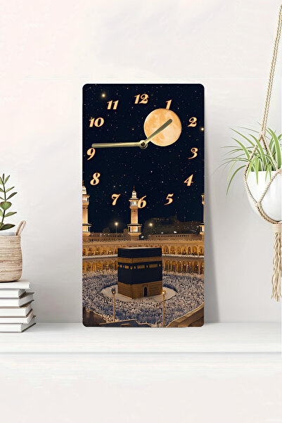 kutuTR 3D Görünümlü 2D UV Baskı MDF Tablo Saat Kâbe ve Dolunay Temalı–20x40 cm -DTS180