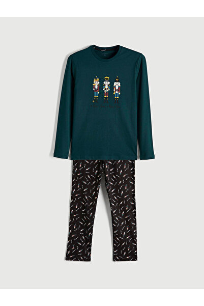 LC Waikiki MG TREND'EN Yeşil Standart Kalıp Yılbaşı Temalı Erkek Pijama Takımı