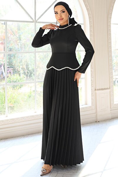 Olcay Stone and Pearl Detailed Pleated Satin Hijab Evening Dress Black 1682