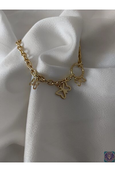 uyguntakıaksesuar سوار من الفولاذ على شكل سلسلة على شكل فراشة ذهبية اللون - ت...