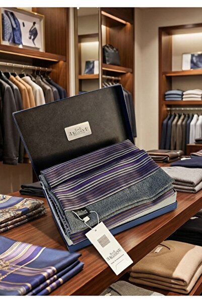 Exve Exclusive Purple Lilac Brown Striped Jacquard Double-Sided Scarf in Gift Pu Leather Box Shawl Ribbed Knit