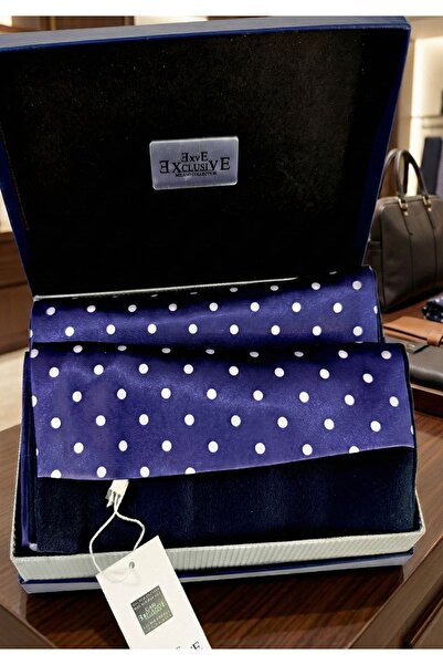 Exve Exclusive Navy Blue White Polka Dot Double-Sided Scarf in Gift Pu Leather Box Shawl Ribbed Knit