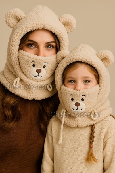 QUEEN AKSESUAR 3-in-1 Winter Beanie Mask Scarf Neck Warmer Headphone with Plush Teddy Bear Adult Children Brown