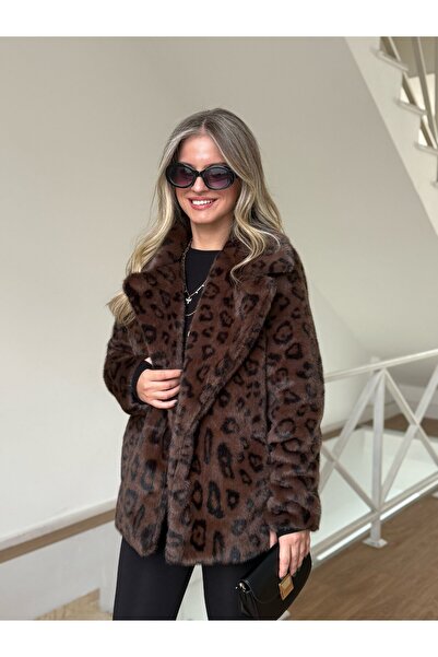 2she Geniş Yaka Leopar Suni Kürk Kaban