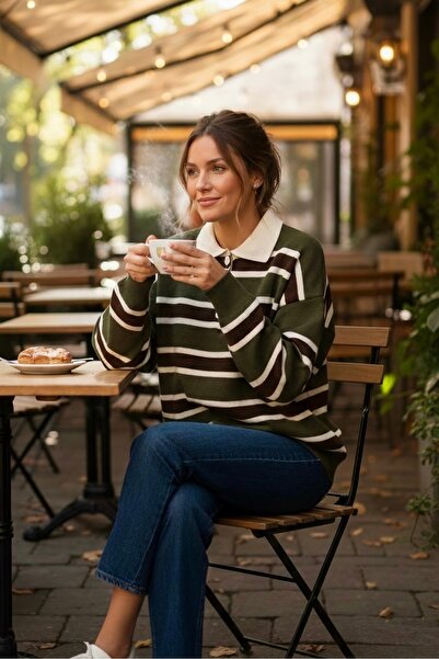 İmajButik Khaki Polo Neck Striped Knit Sweater