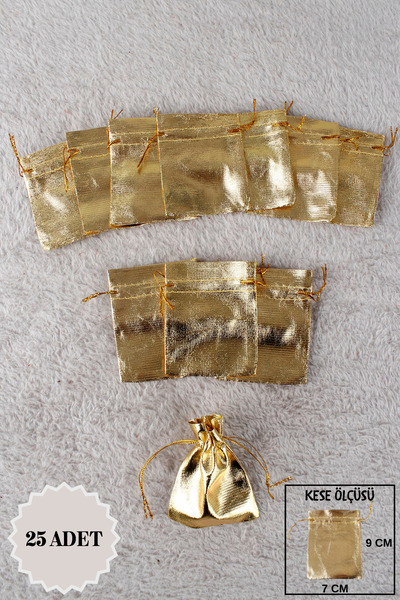 Mortex Gold Lame Baskılı Kese 25 Adet 7x9 Cm Kına, Çerez, Kuruyemiş, Hediyelik, Altın, Söz, Bohça, Tesbih