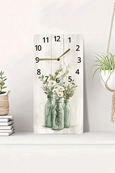 kutuTR 3D Görünümlü 2D UV Baskı MDF Tablo Saat – Cam Şişede Çiçekler Temalı – 20x40 cm-DTS200
