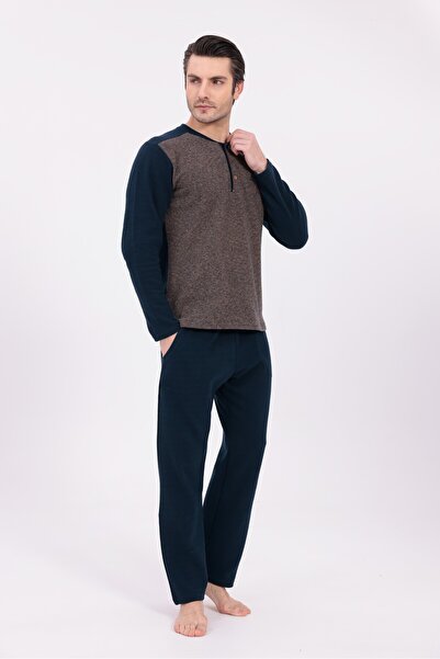 Lohusa Homewear Men's Brown Special Design Long Sleeve Jacquard Cotton Pajama...