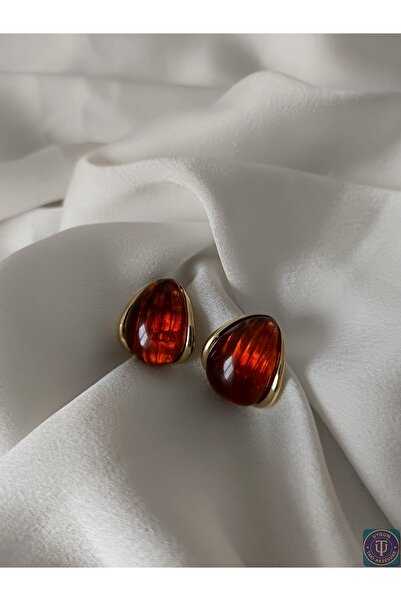 uyguntakıaksesuar أقراط من الفولاذ على شكل قطرة ذهبية اللون مع حجر العنبر الد...