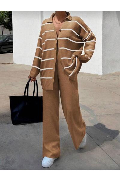 AlanTeks Women's Set Striped Cardigan and Pants Set