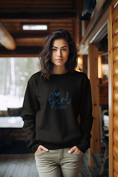 MG سويت شيرت قطني مطبوع عليه عبارة 'GIRL POWER' بأكمام طويلة وثلاثة خيوط، مود...