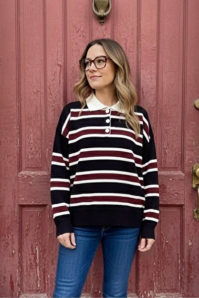 İmajButik Black Polo Neck Striped Knitwear Sweater