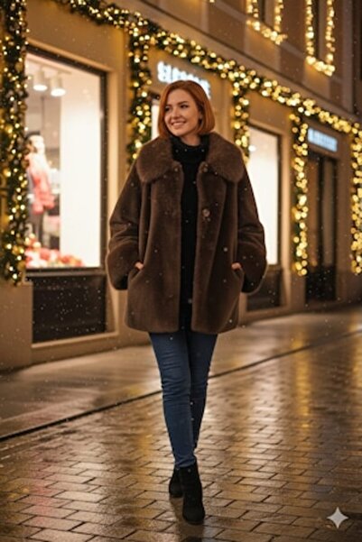 OEM Haină de blană sintetică pentru femei, maro ciocolatiu, croială lejeră, mărime universală (recomandată M–L)