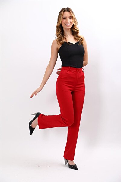ÖNDER ÖZSOY Kemerli Boru Paça Pantolon-Kırmızı