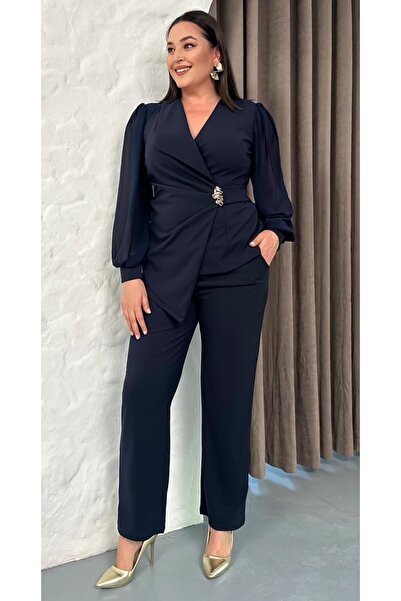 Butik Nilyam Women's Plus Size One-Neck Detail Flexible Waist Brooch Chiffon Sleeve Evening Dress Suit 25102