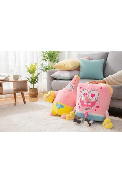 onestophube 60 cm Sünger Bob + Patrick Büyük Boy Pembe Love Peluş Çift Seti