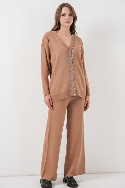 Hiccup Bdart V-Neck Cardigan and Wide-Leg Pants Knitwear Set