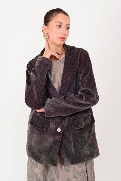 Park Moda 10989 Double-Breasted Collar Rubberized Velvet Jacket