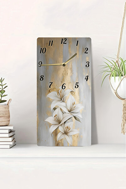 kutuTR ساعة طاولة MDF مطبوعة بالأشعة فوق البنفسجية ثنائية الأبعاد بمظهر ثلاثي الأبعاد مقاس 20 × 40 سم - زهرة الزنبق الأبيض باللون الرمادي الذهبي للزينة -DTS198