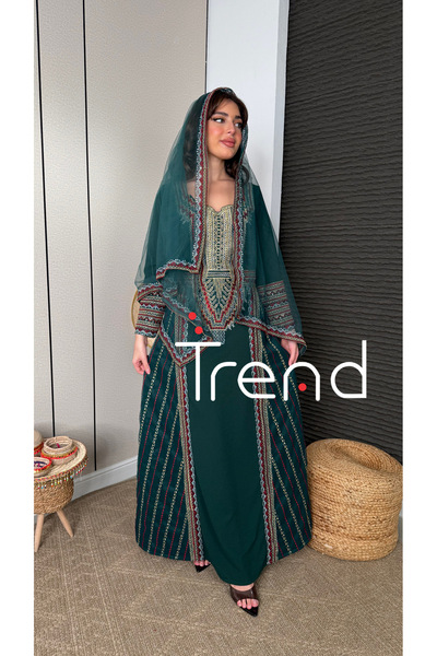 TREND Long green embroidered jalabiya with a hood