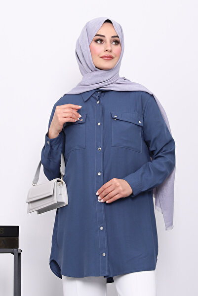 İmajButik Indigo Double Pocket Tunic with Epaulettes on the Shoulders