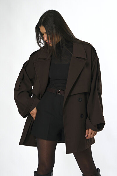 ABBRA Kadın Kuşaklı Oversize Kısa Trenç