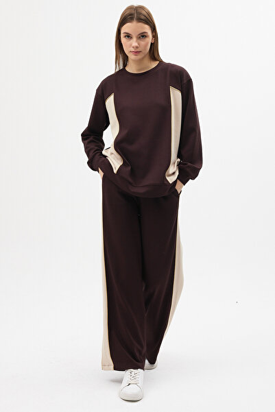 zitex طقم بدلة رياضية من قماش مودال تفاصيل أسطوانية باللون البني والبيج ألوان...