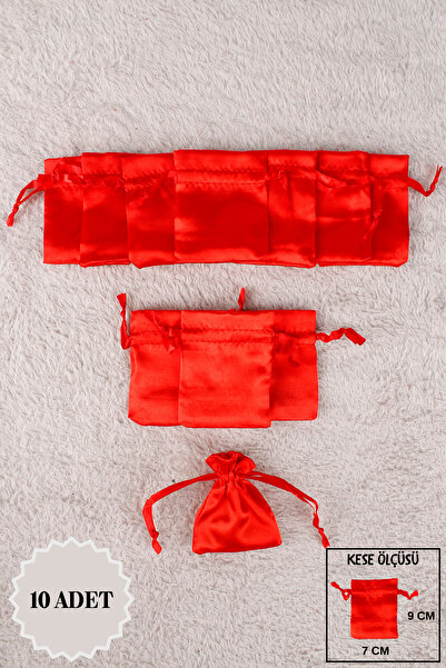 Mortex Kırmızı Saten Kese 10 Adet 7x9 Cm Kına, Çerez, Kuruyemiş, Hediyelik, A...