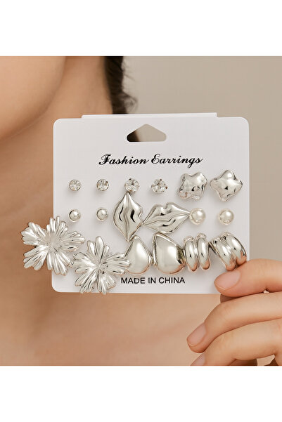 MRK Kadın 18'li Kombin Halka Küpe İnci 9 Çift Set Çoklu Küpe