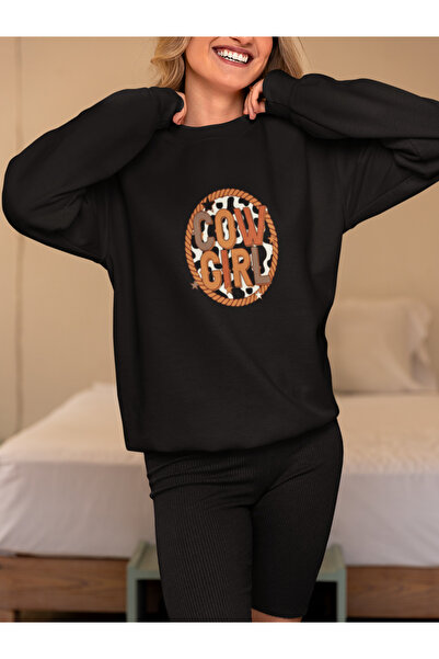 MG سويت شيرت قطني مطبوع عليه COW GIRL بأكمام طويلة وثلاثة خيوط من نوع شا مبطن بالصوف أدين