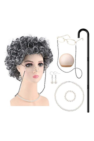 Generic Old Lady Wig Grandma Costume Kit for Girls – Wig, Glasses, Jewelry & Cane