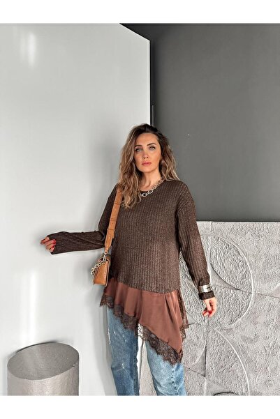 Zerrincan Giyim Kahve Saten Parçalı Kaşkorse Bluz