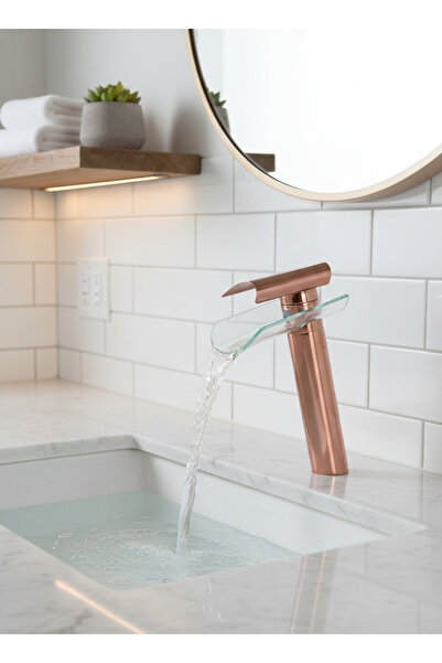 EMFA AKSESUAR Modern Bakır Lavabo Bataryası - Cam Oluklu Rose Gold Lavabo Bat...