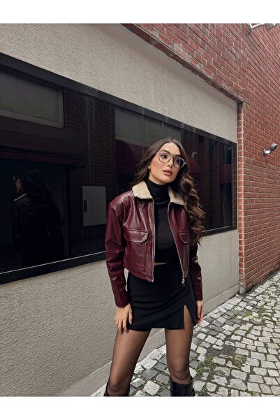 Modazeyosh سترة جلدية نسائية بياقة وجيوب من الفرو