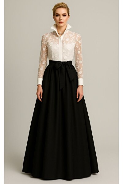 ALYEL NAKER Gömlek Kısmı Dantel & Eteği Tafta Maxi Kuşaklı Gömlek Elbise