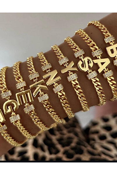 nergis collection Kadın 14K Gurmet Zincir Zirkon Taşlı Harfli Bileklik B Harfi