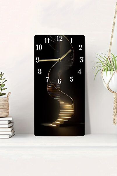 kutuTR 3D Görünümlü 2D UV Baskı MDF Tablo Saat–Siyah Zemin Altın Işıklı Spiral Merdiven 20x40 Cm-DTS207