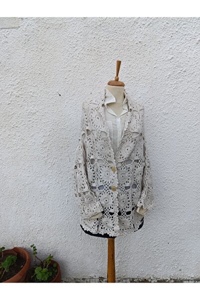 Hippybutik Krem Rengi Tığ Dokuma El İşi Tsarım Çift Yönlü Giyilen Dantel Hırka