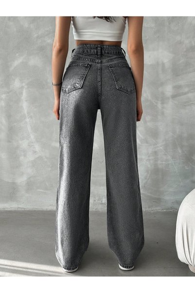 By Caspita Fashion Lenithra Women's High-Waist Smoke Stone-Washed Palazzo Wide-Leg Loose Denim Jeans