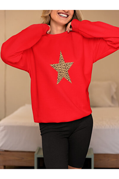 MG سويت شيرت قطني بأكمام طويلة مطبوع عليه نجمة الفهد مبطن بالصوف ADIN SWEATSHIRT