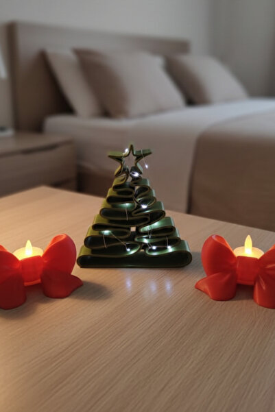 Oxyteez Yılbaşı Dekorasyon Led Mum Yılbaşı Ağacı Kırmızı Fiyonk Mumluk Seti M...