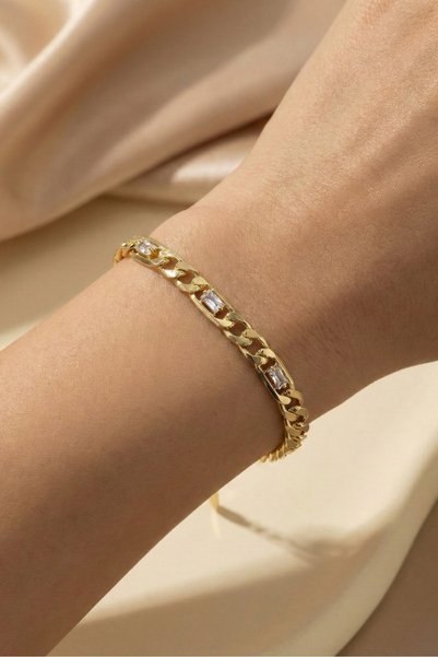 Lorivelle Bracelet Italian Bracelet Chain Bracelet Italian Chain with Row of Baguette Stones Steel - Gold Color Non-Tarnish Zircon Stone Minimal Design