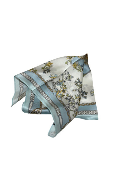 OMG Esarfa din matase, naturala, 53x53cm, model albastru, cu flori si inima