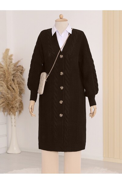 Modamorfo Buttoned Thick Knit Cardigan with Hair Braid Detail - K. Brown